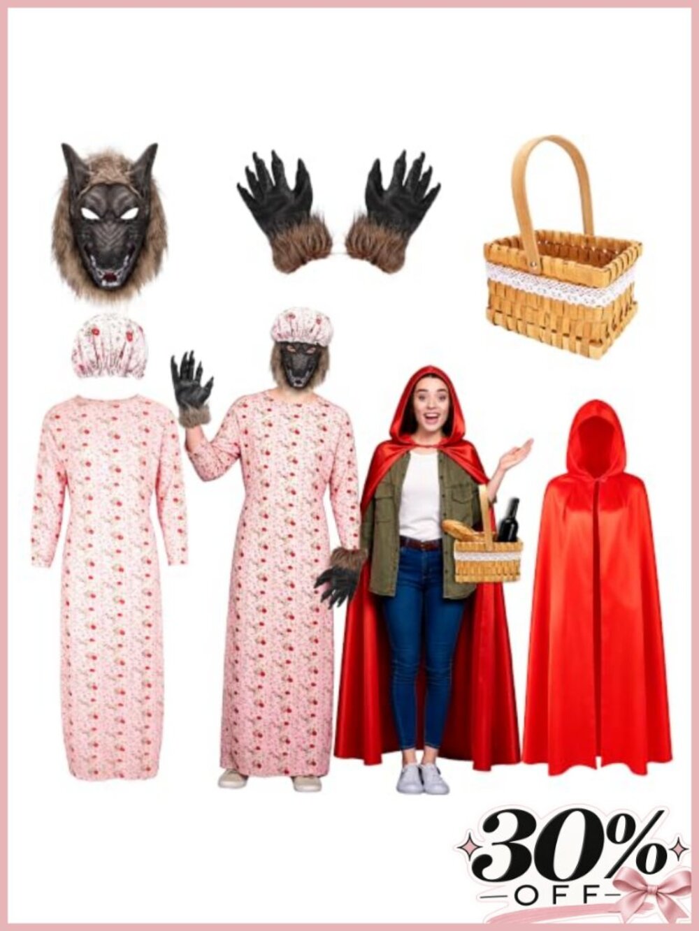 6 Pc Halloween Couples Wolf Granny Costume Set Red Hooded Cape Wolf Mask